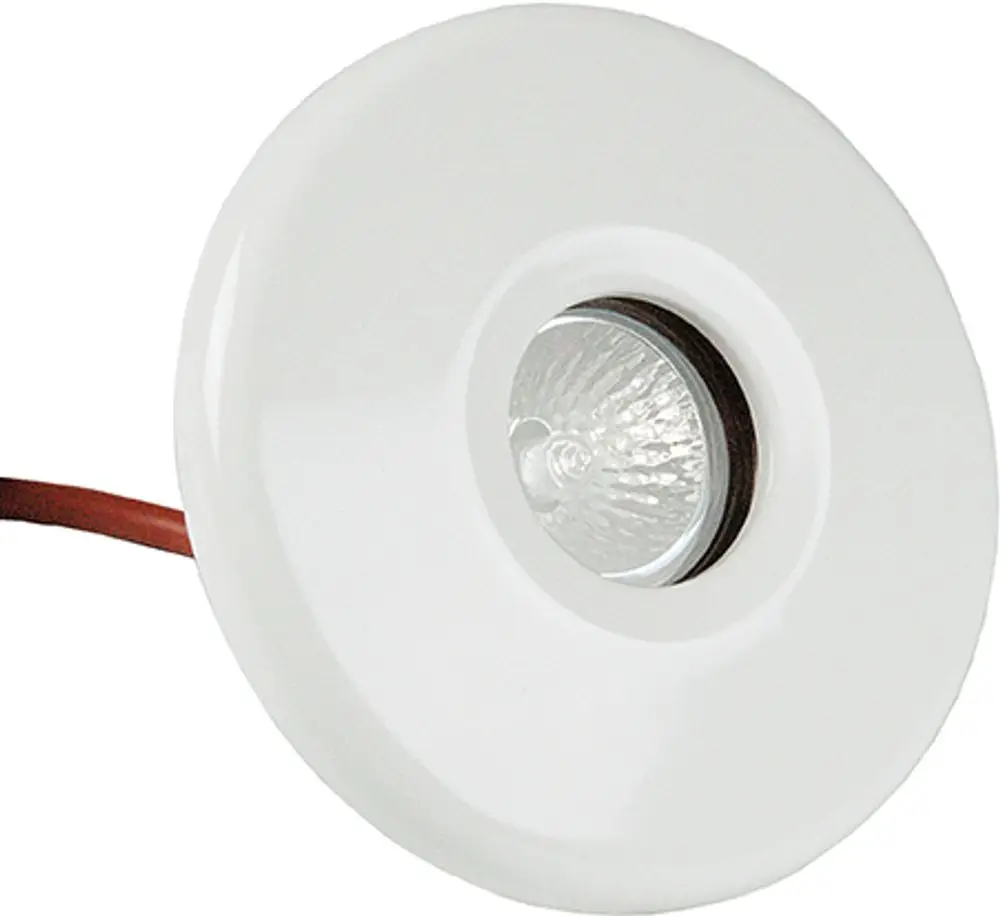 Weißer LED-Einbaustrahler mit runder Abdeckung und einem sichtbaren Lichtkörper, montiert auf einem roten Kabel. Produkt von Grünbeck.